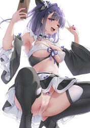 Rule 34 | 1girl, absurdres, armpits, azur lane, bare shoulders, bikini, black footwear, black skirt, black sleeves, blue eyes, blue hair, blue ribbon, boots, breasts, cellphone, classic (zildjian33), cleavage, commentary request, detached sleeves, fingernails, frilled sleeves, frills, front-tie top, high heel boots, high heels, highres, holding, holding phone, large breasts, liverpool (azur lane), looking at viewer, maid, maid bikini, miniskirt, nail polish, one eye closed, one side up, open mouth, panties, phone, purple nails, ribbon, selfie, simple background, skirt, smartphone, smile, solo, squatting, swimsuit, thigh boots, thighs, unconventional maid, underboob, underbust, underwear, v, white background, white panties, wide sleeves