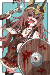 Rule 34 | 1girl, :3, absurdres, armor, axe, bag, bikini armor, blood, blue background, blush, border, breasts, brown bag, brown eyes, brown hair, commentary request, copyright request, fake horns, fang, flower 035, helmet, highres, holding, holding axe, holding shield, hololive, horned helmet, horns, inugami korone, inugami korone (viking), jewelry, leather armor, long hair, looking at viewer, medium breasts, necklace, official alternate costume, open mouth, pauldrons, paw print, satchel, shield, shoulder armor, solo, viking, virtual youtuber, white border