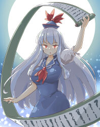 Rule 34 | 1girl, arm up, arnest, ascot, blue dress, blue hair, blue hat, breasts, dress, full moon, hat, highres, holding, holding scroll, kamishirasawa keine, long hair, looking at viewer, moon, open mouth, red ascot, red eyes, scroll, shirt, short sleeves, solo, touhou, white shirt