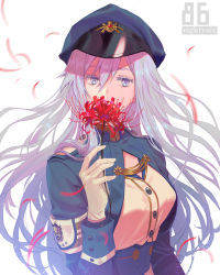 Rule 34 | 1girl, 86 -eightysix-, blue jacket, breasts, buttons, commentary request, copyright name, flower, gloves, grey eyes, hair between eyes, hat, highres, holding, holding flower, jacket, long hair, long sleeves, looking at viewer, military, military hat, military uniform, petals, red flower, saeldam, simple background, solo, uniform, upper body, vladilena millize, white background, white gloves