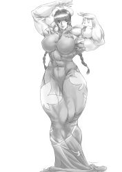 Rule 34 | 00s, 1girl, abs, biceps, breasts, extreme muscles, female focus, flexing, full body, gundam, gundam 00, higalack, highres, monochrome, muscular, simple background, solo, wang liu mei