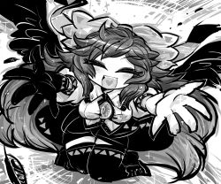 Rule 34 | 1girl, bow, closed eyes, gloves, greyscale, hair bow, heart, incoming hug, kneeling, long hair, monochrome, open mouth, outstretched arms, reiuji utsuho, sketch, skirt, smile, solo, third eye, touhou, wings, yt (wai-tei)