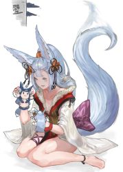 Rule 34 | 1girl, animal ears, barefoot, blue eyes, blush, commentary request, detached sleeves, fox ears, fox tail, granblue fantasy, hand puppet, highres, long hair, n9+, open mouth, puppet, silver hair, sitting, societte (granblue fantasy), solo, tail, tail wagging, wariza, white background