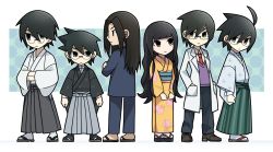 Rule 34 | 1girl, 5boys, arms at sides, aunt and nephew, black hair, blue background, blunt bangs, brother and sister, brothers, brown footwear, chibi, clenched hands, closed mouth, collared shirt, commentary request, crossed arms, curly hair, dress shirt, expressionless, facing away, facing viewer, father and son, floral print, formal, full body, geta, glasses, green eyes, green hakama, grey hakama, hakama, hakama skirt, hands in pockets, height difference, highres, hime cut, itoshiki enishi, itoshiki kei, itoshiki majiru, itoshiki mikoto, itoshiki nozomu, itoshiki rin, japanese clothes, kimono, lab coat, legs apart, legs together, lineup, long hair, looking at another, looking back, looking to the side, magusagari, medium hair, multiple boys, necktie, no nose, obi, orange kimono, pants, parted bangs, patterned background, profile, purple vest, red neckwear, sash, sayonara zetsubou sensei, semi-rimless eyewear, shaded face, shirt, siblings, side-by-side, sidelocks, simple background, skirt, spiked hair, standing, suit, two-tone background, uncle and nephew, v arms, vest, white background, white legwear, yukata