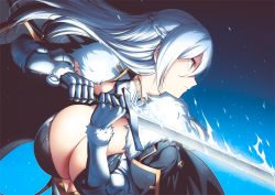 Rule 34 | 1girl, blue background, blue eyes, braid, breasts, cape, cleavage, fighting stance, french braid, from side, fur collar, gauntlets, hair lift, holding, holding sword, holding weapon, huge breasts, kook, long hair, original, sidelocks, sword, weapon, white hair