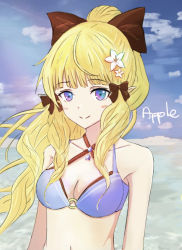 Rule 34 | 1girl, apple aibo, bikini, black bow, blonde hair, blue eyes, blush, bow, breasts, cleavage, elf, flower, hair bow, hair flower, hair ornament, long hair, looking at viewer, medium breasts, navel, o-ring, o-ring bikini, open mouth, pointy ears, ponytail, princess connect!, saren (princess connect!), saren (summer) (princess connect!), smile, solo, swimsuit