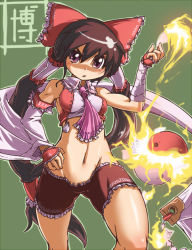 Rule 34 | 1girl, adapted costume, alternate hairstyle, angry, ascot, bandages, bow, brown hair, crop top, detached sleeves, female focus, fingerless gloves, fire, gloves, groin, hair bow, hakurei reimu, japanese clothes, kage houshi, long hair, miko, muscular, navel, ofuda, okane08313, purple eyes, shorts, solo, touhou, twintails, very long hair, yin yang