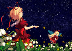 Rule 34 | 1girl, blonde hair, blue eyes, doll joints, dress, closed eyes, fairy wings, flower, hair ribbon, highres, joints, lily of the valley, medicine melancholy, night, puffy sleeves, red dress, ribbon, sash, short sleeves, sky, su-san, suisai., touhou, wings