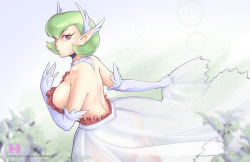 Rule 34 | 1girl, arm at side, bare shoulders, bob cut, breasts, cleavage, creatures (company), dress, elbow gloves, feather hair ornament, feathers, female focus, flower, frilled dress, frills, game freak, gardevoir, gen 3 pokemon, gloves, green hair, hair between eyes, hair ornament, halfnhybrid, humanization, large breasts, mega gardevoir, mega pokemon, nintendo, pokemon, red eyes, see-through, short hair, sidelocks, solo, standing, strapless, strapless dress, white dress, white feathers