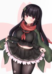 Rule 34 | 1girl, alternate breast size, belt, belt buckle, black hair, black pantyhose, black sailor collar, black serafuku, black shirt, black skirt, blunt bangs, blush, breasts, buckle, closed mouth, commentary request, cowboy shot, girls&#039; frontline, green jacket, hair ornament, highres, jacket, jacket on shoulders, large breasts, long hair, long sleeves, midriff peek, miniskirt, navel, neckerchief, nezumi7983, pantyhose, pleated skirt, purple eyes, red neckerchief, red scarf, sailor collar, scarf, school uniform, serafuku, shirt, skirt, skirt hold, sleeve cuffs, smile, solo, straight hair, two-tone background, type 100 (girls&#039; frontline)
