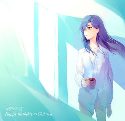 Rule 34 | 1girl, 2020, blue hair, bottomless, brown eyes, canon (aria), character name, collarbone, collared shirt, cowboy shot, cup, dated, floating hair, hair between eyes, happy birthday, highres, holding, holding cup, idolmaster, idolmaster (classic), kisaragi chihaya, long hair, long sleeves, looking to the side, naked shirt, parted lips, shirt, solo, standing, white shirt, wing collar