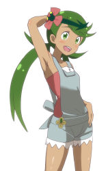 Rule 34 | 1girl, :d, apron, arm up, armpits, bare shoulders, blouse, cowboy shot, creatures (company), dark-skinned female, dark skin, game freak, green eyes, green hair, hand on own hip, looking at viewer, mallow (pokemon), nintendo, open mouth, overalls, pink shirt, pocket, pokemon, pokemon sm, shirogane (seemee), shirt, simple background, smile, solo, standing, strapless, swept bangs, trial captain, tube top, white background