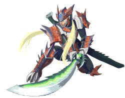 Rule 34 | adapted costume, armor, blonde hair, blue eyes, capcom, commentary request, crossover, full body, highres, holding, holding sword, holding weapon, hudy8358, japanese armor, long hair, male focus, mega man (series), mega man x (series), monster hunter (series), monster hunter xx, rathalos (armor), serious, sheath, shoulder armor, shoulder spikes, simple background, sode, solo, spiked armor, spikes, standing, sword, weapon, white background, zero (mega man)