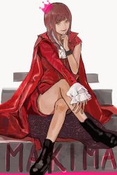Rule 34 | 1girl, alternate costume, armband, boots, braid, braided ponytail, cape, chainsaw man, character name, collared cape, crossed legs, crown, fuyukonbu, hand on own face, highres, looking at viewer, makima (chainsaw man), ponytail, red cape, red hair, red shirt, ringed eyes, shirt, sidelocks, simple background, single sleeve, sitting, sleeve cuffs, smile, solo, white background