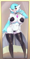 Rule 34 | 1girl, alternate color, black choker, black panties, black thighhighs, blue hair, blue skin, blush, breasts, cellphone, choker, closed mouth, coat, collarbone, colored skin, creatures (company), dr. voir (nanosheep), female focus, female pov, full body, game freak, gardevoir, gen 3 pokemon, glasses, groin, hair ornament, hairclip, hand up, happy, heart, heart panties, heart print, highres, holding, huge breasts, lab coat, large breasts, mega stone, mirror, multicolored skin, navel, nintendo, no humans, open clothes, open coat, open mouth, orange eyes, panties, panty pull, pasties, phone, pokemon, pokemon (creature), pov, print panties, pulling own clothes, red-framed eyewear, reflection, selfie, semi-rimless eyewear, shiny clothes, shiny pokemon, short hair, short sleeves, sleeves rolled up, smartphone, smile, solo, standing, stomach, string panties, suigi, thick thighs, thighhighs, thighs, tongue, tongue out, two-tone skin, underwear, white coat, white skin