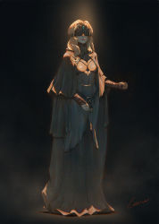 Rule 34 | 1girl, absurdres, armor, black background, blindfold, blonde hair, breasts, capelet, cloak, closed mouth, covered eyes, dark souls (series), dark souls iii, dress, fire keeper, full body, highres, jewelry, light, long hair, mask, medium breasts, necklace, signature, solo, standing, wumei (wujiaheng)
