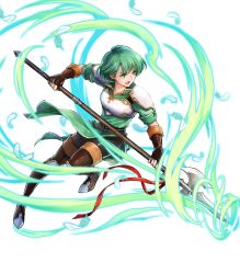 Rule 34 | 1girl, armor, belt, boots, breastplate, dress, elbow gloves, energy, female focus, fingerless gloves, fire emblem, fire emblem: thracia 776, fire emblem heroes, full body, gloves, gold trim, green dress, green eyes, green hair, highres, holding, holding polearm, holding weapon, karin (fire emblem), knee pads, matching hair/eyes, nintendo, non-web source, official art, open mouth, pantyhose, polearm, red ribbon, ribbon, shiny clothes, short dress, short hair, short sleeves, shoulder armor, solo, thigh boots, thighhighs, transparent background, uroko (mnr), weapon, white armor