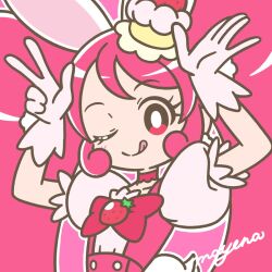 Rule 34 | 1girl, ;d, animal ears, arms up, blush, bright pupils, buttons, cake hair ornament, choker, cure whip, dress, earrings, extra ears, eyelashes, food-themed hair ornament, gloves, hair ornament, highres, jewelry, kirakira precure a la mode, licking lips, long hair, looking at viewer, magical girl, mayena, one eye closed, open mouth, outline, pink choker, pink eyes, pink hair, pom pom (clothes), pom pom earrings, precure, puffy short sleeves, puffy sleeves, rabbit ears, short sleeves, signature, simple background, smile, solo, tongue, tongue out, twintails, upper body, usami ichika, v, white gloves, white outline