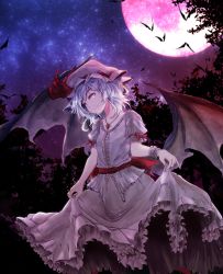 Rule 34 | 1girl, bat (animal), bat wings, blue hair, closed mouth, clothes lift, commentary request, frilled skirt, frills, full moon, hat, hat ribbon, jewelry, lifted by self, mob cap, moon, night, night sky, outdoors, pendant, red eyes, red moon, red ribbon, remilia scarlet, ribbon, sash, shiina shian, skirt, skirt lift, sky, smile, solo, star (sky), starry sky, touhou, tree, wings, wrist cuffs