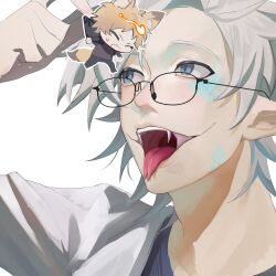 Rule 34 | 2boys, absurdres, animal ears, atou haruki, black jacket, black pants, blonde hair, blue eyes, chinese commentary, closed eyes, commentary request, dbhid, fangs, forked tongue, fox boy, fox ears, fox tail, glasses, grey shirt, highres, jacket, kanou aogu, male focus, multiple boys, open mouth, pants, pointy ears, saibou shinkyoku, scales, shirt, short hair, simple background, tail, tongue, white background, white hair