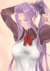 Rule 34 | 1girl, adjusting hair, apron, bow, breasts, fate/grand order, fate/stay night, fate (series), hachiman (rogeri39), hair bow, hair intakes, highres, long hair, maid, maid apron, medusa (fate), medusa (rider) (fate), official alternate costume, purple eyes, purple hair, solo, square pupils, very long hair