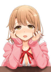 Rule 34 | 10s, 1girl, blush, breasts, brown eyes, brown hair, cardigan, collarbone, drooling, elbow rest, eyebrows, eyelashes, hair between eyes, highres, inanaki shiki, isshiki iroha, long sleeves, looking at viewer, neck ribbon, open cardigan, open clothes, open mouth, red ribbon, ribbon, saliva, shirt, short hair, simple background, sleeves past wrists, small breasts, solo, tongue, unbuttoned, unbuttoned shirt, upper body, white background, white shirt, yahari ore no seishun lovecome wa machigatteiru., yellow eyes