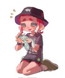 Rule 34 | 1girl, black headwear, black shirt, black shorts, closed eyes, commentary request, dolphin shorts, fang, full body, hat, highres, medium hair, nintendo, notice lines, octoling, octoling girl, octoling player character, open mouth, p-pepper, print shirt, red hair, red trim, shirt, shorts, simple background, sitting, smile, socks, splatoon (series), splatoon 3, squid, tentacle hair, thick eyebrows, wariza, white background, white socks