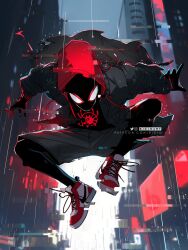 Rule 34 | 1boy, bicio, black suit, building, formal, highres, looking at viewer, male focus, marvel, mask, shoes, shorts, sneakers, solo focus, spider-man: into the spider-verse, spider-man (miles morales), spider-man (series), spider-verse, suit