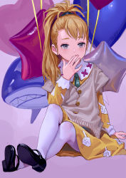 Rule 34 | 1girl, arm support, artist name, balloon, black footwear, blonde hair, blush, buttons, crossed legs, fkey, folded ponytail, full body, grey eyes, hand to own mouth, highres, long hair, long sleeves, looking at viewer, mary janes, original, pantyhose, shoes, sitting, skirt, solo, stuffed toy, sweater vest, white pantyhose, yellow skirt