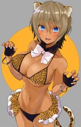 Rule 34 | 1girl, :d, animal ears, animal print, bare shoulders, bikini, black bikini, black gloves, blue eyes, blush, bow, bowtie, bracelet, breasts, brown hair, claw pose, cleavage, commentary request, copyright request, cowboy shot, dark-skinned female, dark skin, detached collar, fingerless gloves, fur-trimmed skirt, fur trim, gloves, gomashi (goma), hair between eyes, highres, jewelry, large breasts, leopard print, looking at viewer, mismatched bikini, nail polish, navel, open mouth, print bikini, short hair, showgirl skirt, skirt, smile, solo, stomach, swimsuit, tail, two-tone background, underboob, v-shaped eyebrows, white bow, white bowtie, white nails