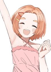 Rule 34 | 1girl, absurdres, arm up, armpits, blush, child, clenched hand, closed eyes, collarbone, commentary request, dot nose, facing viewer, flat chest, hair ornament, hairclip, highres, idolmaster, idolmaster cinderella girls, meeeeeeco359, open mouth, orange hair, parted bangs, pink shirt, ryuzaki kaoru, shirt, short hair, smile, solo, teeth, thick eyebrows, upper body, upper teeth only, white background
