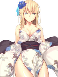 Rule 34 | 1girl, bare shoulders, blonde hair, blue eyes, braid, breasts, cleavage, closed mouth, commentary, expressionless, fate/grand order, fate (series), floral print, flower, hair flower, hair ornament, highres, iro (sekaixiro), japanese clothes, kimono, large breasts, long hair, long sleeves, morgan le fay (fate), morgan le fay (fgo fes. 2023) (fate), no panties, obi, off shoulder, pelvic curtain, sash, side braid, simple background, solo, thighs, white background