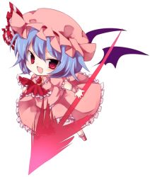 Rule 34 | 1girl, bad id, bad pixiv id, bat wings, blue hair, chibi, dress, fang, female focus, full body, hat, open mouth, pink dress, red eyes, remilia scarlet, simple background, smile, solo, spear the gungnir, touhou, white background, wings, yukimiya (parupunta)