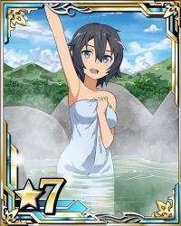 Rule 34 | 10s, 1girl, arm up, armpits, black hair, blue eyes, blue towel, breasts, card (medium), cleavage, collarbone, hair between eyes, medium breasts, naked towel, onsen, partially submerged, philia (sao), philia (sao-alo), short hair, solo, star (symbol), steam, sword art online, towel, wading