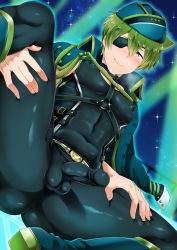 Rule 34 | 1boy, black choker, black jacket, black pants, blush, boots, bulge, choker, closed mouth, covered abs, erection, erection under clothes, eyepatch, green hair, hat, highres, idolmaster, idolmaster side-m, jacket, jacket on shoulders, kashiwagi tsubasa, large pectorals, male focus, muscular, muscular male, night, night sky, official alternate costume, one eye covered, outdoors, pants, pectorals, shakeko (shake5), short hair, sky, smile, solo, spread legs, squatting, thick thighs, thighs