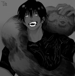 Rule 34 | 1boy, absurdres, character request, copyright request, gcj, greyscale, highres, long hair, looking down, male focus, monochrome, muscular, open mouth, sharp teeth, shirt, short hair, solo, solo focus, teeth