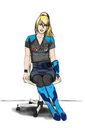 Rule 34 | 1girl, 2017, ;), armor, armored boots, black gloves, black pantyhose, blonde hair, blue bow, blue eyes, blue footwear, blue skirt, boots, bow, breasts, chair, cleavage, clothes writing, collarbone, english text, fingerless gloves, full body, gloves, grin, hair between eyes, hair tie, head tilt, high ponytail, highres, legs together, long hair, looking at viewer, maniac (maniacyakutia), metroid, mole, mole under mouth, nintendo, office chair, one eye closed, pantyhose, pencil skirt, ponytail, samus aran, shadow, shirt, shirt tucked in, short sleeves, signature, simple background, single glove, single vambrace, sitting, skirt, smile, solo, swept bangs, swivel chair, t-shirt, v-neck, vambraces, white background, wristband