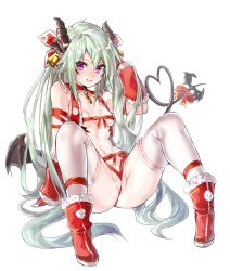 Rule 34 | 1girl, absurdres, bell, blush, boots, breasts, broken, broken chain, chain, christmas, deluxe&lt;&lt;&lt;, demon girl, demon wings, detached sleeves, full body, green eyes, hair bell, hair ornament, heart, heart tail, highres, horns, looking at viewer, navel, original, partially visible vulva, purple eyes, red thighhighs, ryisu (deluxe&lt;&lt;&lt;), sketch, small breasts, smile, solo, spread legs, tail, thighhighs, tsurime, white background, wings