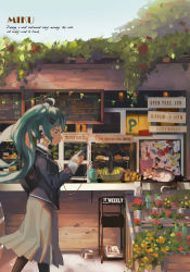 Rule 34 | 1girl, ahoge, bag, blue eyes, blue hair, blue jacket, commentary request, digital media player, earbuds, earphones, feet out of frame, flower, from side, hair ornament, hairclip, hands up, hatsune miku, holding, ipod, jacket, long hair, long sleeves, openvl, outdoors, pantyhose, shop, shoulder bag, sign, solo, standing, twintails, vocaloid, walking
