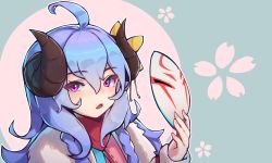 Rule 34 | 1girl, ahoge, alternate eye color, alternate hair color, alternate hairstyle, blue hair, bongnom, braid, cherry blossoms, curled horns, dress, flower, fur (clothing), hair between eyes, hair flower, hair ornament, highres, holding, holding mask, horns, japanese clothes, kindred (league of legends), lamb (league of legends), league of legends, long hair, long sleeves, looking at viewer, mask, unworn mask, official alternate costume, official alternate hairstyle, open mouth, purple hair, side braid, simple background, solo, spirit blossom kindred, twin braids, twintails, white fur