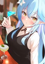 Rule 34 | 1girl, absurdres, bar (place), bartender, blue hair, blurry, blurry background, blush, breasts, cocktail glass, collared shirt, crossed bangs, cup, dress shirt, drinking glass, elf, eyes visible through hair, flower, hair between eyes, hair flower, hair ornament, highres, holding, holding cup, hololive, large breasts, long hair, long sleeves, multicolored hair, onabe no shime, parted lips, pointy ears, shirt, solo, streaked hair, surprised, very long hair, virtual youtuber, waistcoat, white flower, white shirt, yellow eyes, yukihana lamy