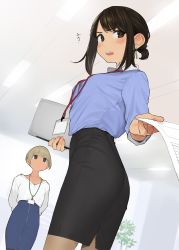 Rule 34 | 2girls, arms behind back, ass, black skirt, blonde hair, blue shirt, blue skirt, blush, bra, bra peek, breasts, brown eyes, brown hair, commentary request, dark-skinned female, dark skin, douki-chan (douki-chan), earrings, formal, ganbare douki-chan, highres, holding, holding paper, id card, jewelry, medium breasts, medium hair, medium skirt, multiple girls, office lady, open mouth, pantyhose, paper, pencil skirt, plant, shinjin-chan (douki-chan), shirt, shirt tucked in, short hair, short ponytail, sidelocks, skirt, skirt suit, sleeves rolled up, suit, translation request, underwear, yomu (sgt epper)