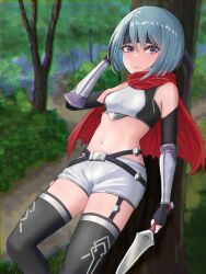 Rule 34 | 1girl, alternate costume, bare shoulders, beruka (fire emblem), black headband, black thighhighs, blue hair, breasts, capelet, commentary request, crop top, dagger, fire emblem, fire emblem fates, fire emblem heroes, forest, headband, highres, holding, holding dagger, holding knife, holding weapon, knife, kyata game, nature, navel, nintendo, outdoors, purple eyes, small breasts, solo, thighhighs, torn capelet, torn clothes, weapon