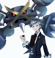 Rule 34 | 1boy, black jacket, closed mouth, collared shirt, commentary request, creatures (company), game freak, gen 3 pokemon, grey hair, hand up, highres, holding, holding poke ball, jacket, jewelry, kotan (cho mateyo), long sleeves, male focus, mega metagross, mega pokemon, metagross, necktie, nintendo, poke ball, poke ball (basic), pokemon, pokemon oras, ring, shirt, short hair, simple background, smile, spiked hair, steven stone, vest, white background, white shirt