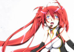 Rule 34 | 1girl, alternate color, bare shoulders, blue eyes, breasts, choker, crying, crying with eyes open, detached sleeves, hair ornament, hatsune miku, headset, long hair, medium breasts, race queen, racing miku, racing miku (2011), red eyes, red hair, sakura miku, sakuraba tsukasa, solo, tears, twintails, vocaloid