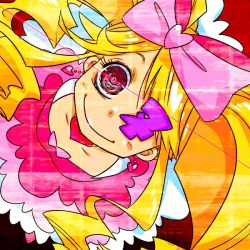 Rule 34 | 10s, 1girl, ala chan, amputee, armless amputee, blonde hair, bow, double amputee, dress, drill hair, earrings, eyepatch, from above, hair bow, harime nui, heart, jewelry, kill la kill, long hair, no arms, pink bow, purple eyes, sharp teeth, smile, solo, spoilers, strapless, strapless dress, teeth, twin drills, twintails