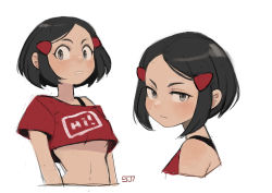 Rule 34 | 1girl, black hair, bob cut, closed mouth, cropped shirt, grey eyes, hair ornament, hairclip, highres, looking at viewer, multiple views, original, short hair, signature, simple background, sui (suizilla), white background, wide sleeves