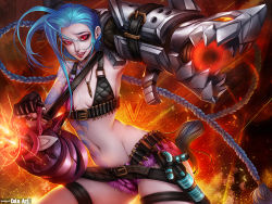 Rule 34 | 1girl, blue hair, braid, breasts, bullet, cannon, duong tich vi, evil grin, evil smile, fire, grin, gun, jinx (league of legends), league of legends, looking at viewer, navel, red eyes, short shorts, shorts, small breasts, smile, solo, stomach, weapon