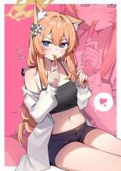 Rule 34 | 1girl, absurdres, alternate costume, animal ears, bare shoulders, black camisole, black shorts, blue archive, blue eyes, blush, border, camisole, ciao churu, commentary, commentary request, eating, fox ears, fox girl, hair ornament, halo, heart, highres, long hair, looking at viewer, mari (blue archive), midriff, muo (muojjang 0929), navel, orange hair, pet food, pink background, shorts, solo, spoken heart, stomach, underwear, upper body, white border, yellow halo, zoom layer