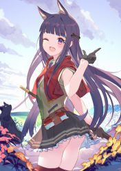 Rule 34 | 1girl, animal ear fluff, animal ears, black cat, black gloves, blouse, blunt bangs, blush, capelet, cat, cloud, cowboy shot, extra ears, flower, frills, from side, gloves, green shirt, half gloves, kasumi (princess connect!), long hair, looking at viewer, mizopost, one eye closed, open mouth, outdoors, pleated skirt, princess connect!, purple eyes, purple hair, shirt, skirt, sky, smile, solo, tagme, thighhighs, very long hair